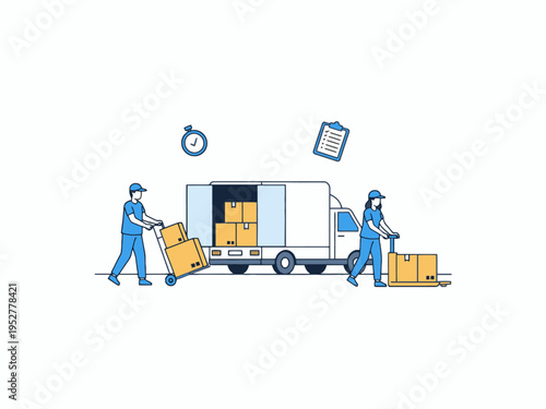 Delivery staff loading cardboard boxes into shipping truck