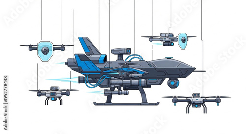 Futuristic aircraft surrounded by multiple drones, showcasing advanced technology and innovation.