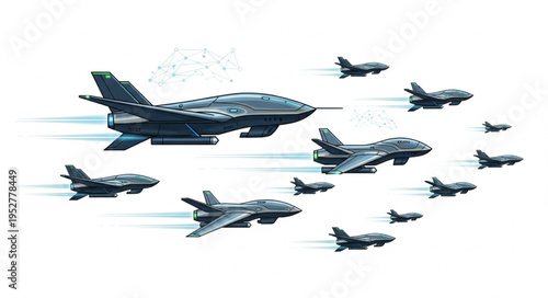 Formation of fighter jets soaring through the sky, a display of aerial power.