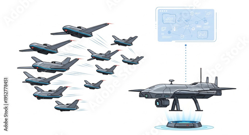 Advanced drone technology showcasing aerial vehicles and sophisticated control systems for surveillance and transport.