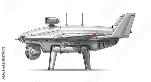 Futuristic drone aircraft with advanced technology and complex mechanical design, side view.