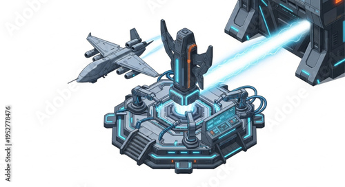 Futuristic energy weapon system with a jet fighter in the background, ready for combat.