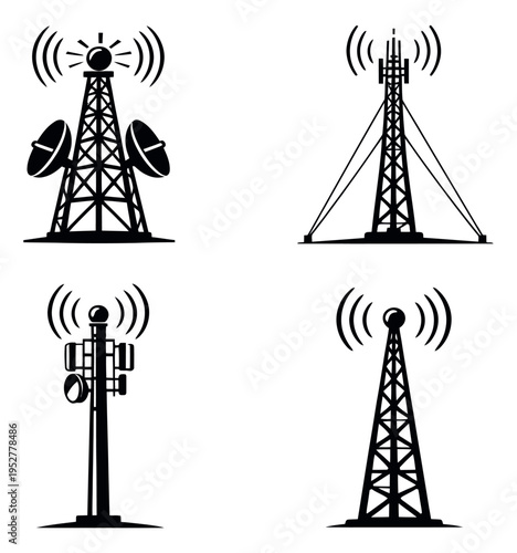 Stylized line art communication towers set featuring various signal and broadcast antennas for telecommunication and technology concepts