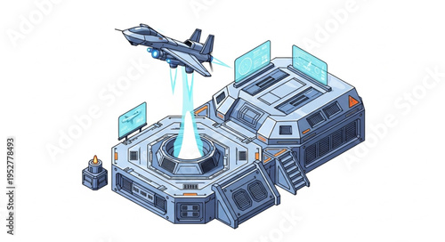 Futuristic space station with a spaceship taking off, technology concept illustration.