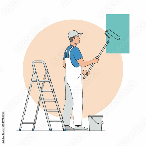 House painter with roller and ladder painting wall illustration