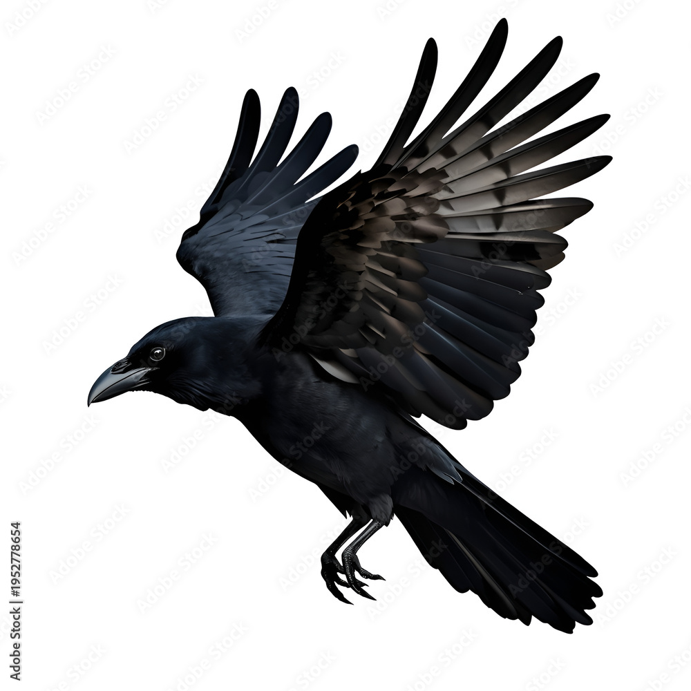 Fototapeta premium Large black bird with wings spread wide in mid flight motion