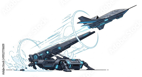 Futuristic missile launcher launching a fighter jet into the sky with speed.