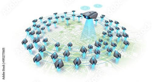 Futuristic network of interconnected nodes with data transfer visualization.