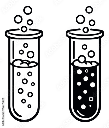 Line art test tube set featuring bubbling liquid in outline and solid styles for science experiments