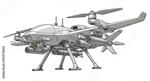 Detailed illustration of a futuristic drone with multiple propellers and landing gear.