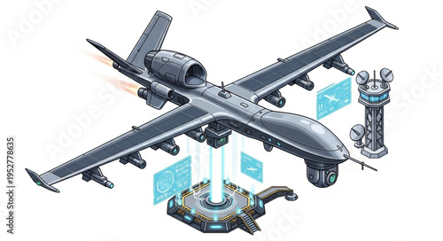 High-tech military drone soaring through the sky, showcasing advanced technology and surveillance capabilities.