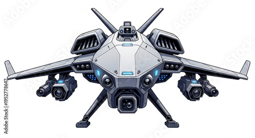 Futuristic spacecraft design with advanced weaponry and powerful engines ready for flight.