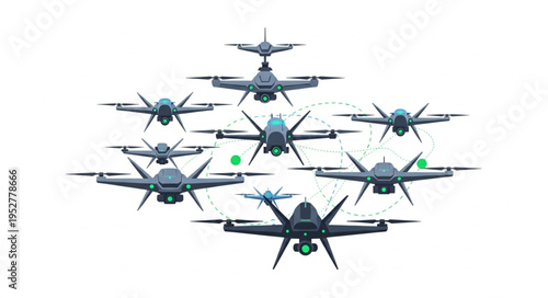 Formation of military drones in flight, aerial view, technology concept.