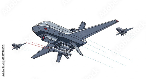 Futuristic spacecraft soaring through the sky with accompanying drones, a technological marvel.