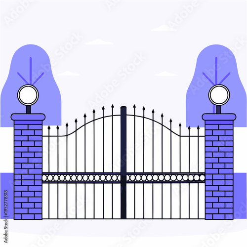 Grand entrance driveway gate made of black wrought iron with brick pillars and circular lamps against a background of trees and sunset scene.
