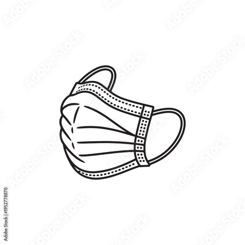 A simple black and white line art illustration of a disposable surgical face mask for protection Vector, illustration