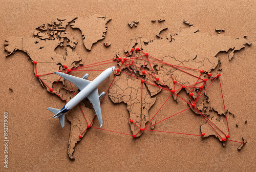 A model of a passenger plane over the continents, the routes are marked with pins, with red threads between them