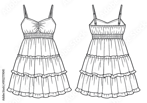 Hand drawn line art dress set featuring front and back views of a tiered ruffle dress with spaghetti straps for fashion design