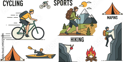 Collection of outdoor adventure activities illustrating various sports like cycling hiking kayaking camping and rock climbing