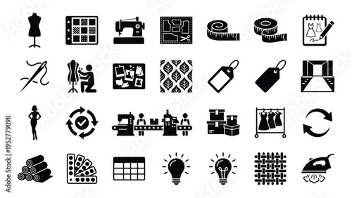 Black Icons of Sewing, Fashion, and Business on White Background