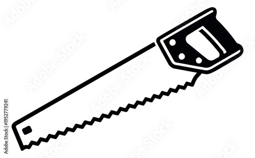 Hand drawn line art illustration of a hand saw depicting a woodworking tool for construction
