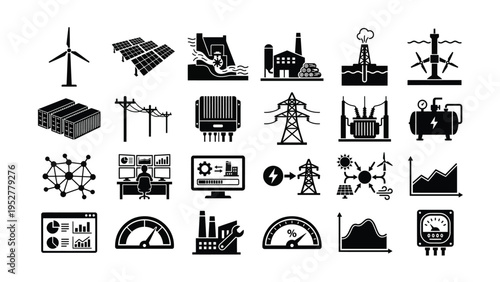 Energy Industrial Icons Set with Solar Panels, Wind Turbines and Power Plants