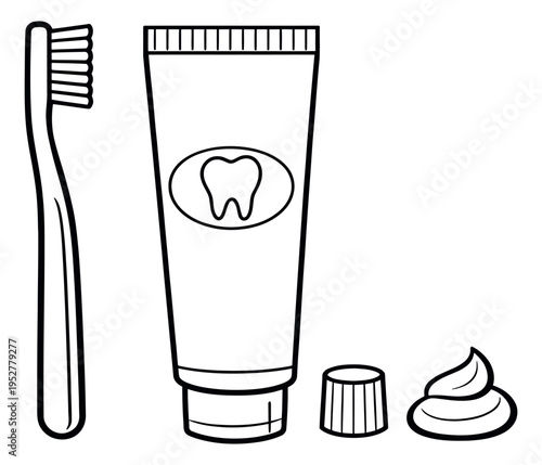 Line art dental hygiene set featuring a toothbrush, toothpaste tube, cap, and squeeze of toothpaste for oral care