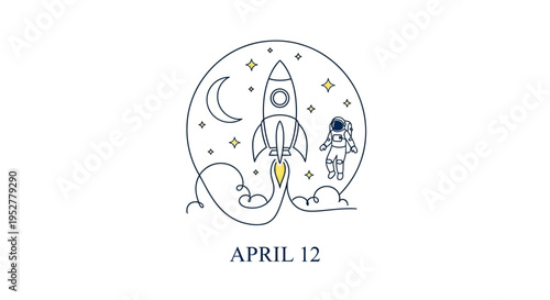 Rocket launching with astronaut and moon in starry circle, April 12, isolated on transparent background