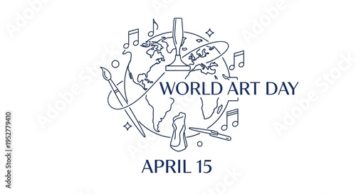 World Art Day April 15 celebration globe with art supplies and music notes isolated on transparent background