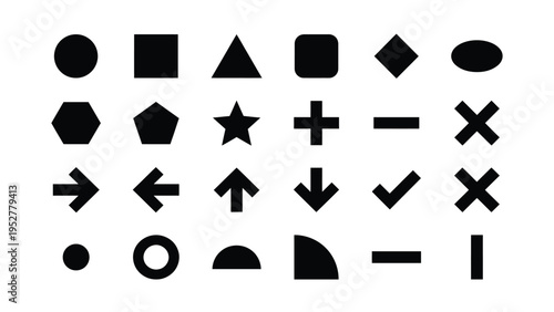 Black Geometric Shapes and Symbols on White Background