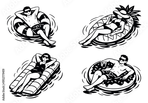 Hand drawn line art summer set featuring men and women relaxing on inflatable pool floats for a holiday