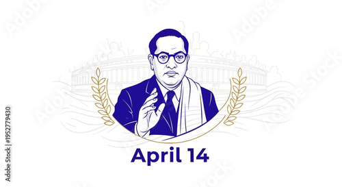 B. R. Ambedkar Portrait with Laurel Wreath and 'April 14' Text, Isolated on Transparent Background