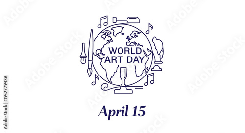 World Art Day Globe with Creative Icons and April 15 Date Isolated on Transparent Background