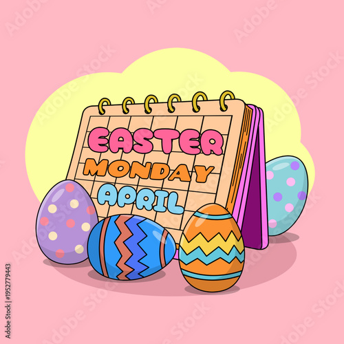 Hand-Drawn Easter Monday calendar with vibrant patterned Easter eggs. Easter Monday, April