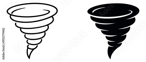 Simple graphic tornado icon set featuring outline and silhouette styles for weather forecasting