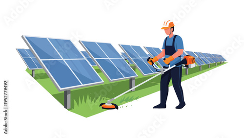 Solar Panel Maintenance: A worker tends to a row of solar panels, using a trimmer to maintain the area, symbolizing the harmony of human and environmental action. 
