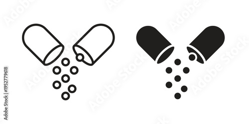 Open Capsule Pill icon Line Design Vector Illustration. Solid Black icons