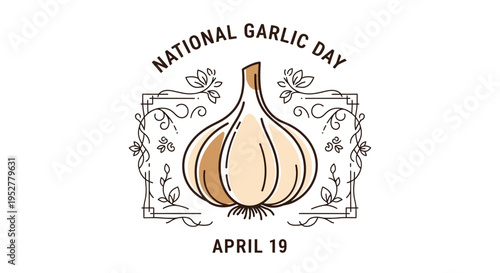 National Garlic Day illustration with garlic bulb and text isolated on transparent background