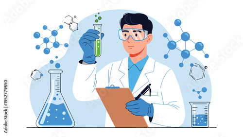 Scientific Discovery: A focused scientist, shielded by safety glasses and gloves, meticulously examines a vial in a laboratory, surrounded by molecular structures.