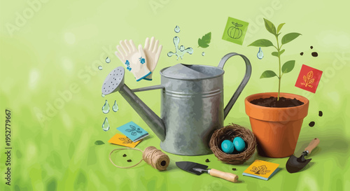 Assortment of gardening essentials including a galvanized watering can sprouts a healthy young plant ready for spring growth