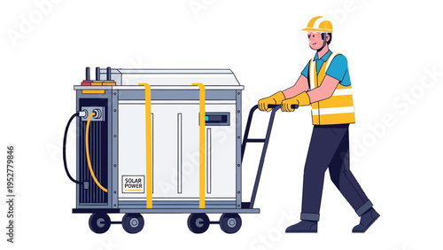Worker with Machine: A construction worker pushes a industrial machine on a cart, showcasing dedication and technical expertise in a project, a symbol of progress and technological advancement.