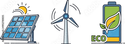 Icons representing solar energy wind power and renewable battery storage illustrate sustainable electricity generation concepts