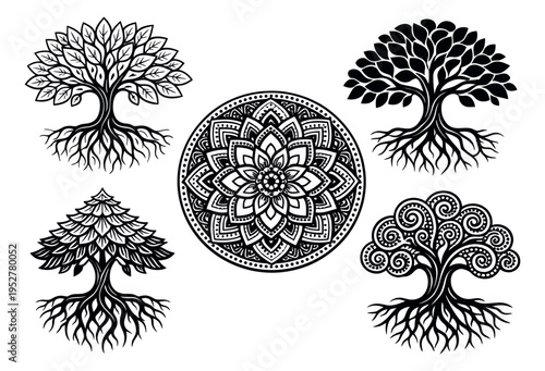 Decorative line art symbol set featuring tree of life designs and an intricate mandala for spiritual and nature-themed projects