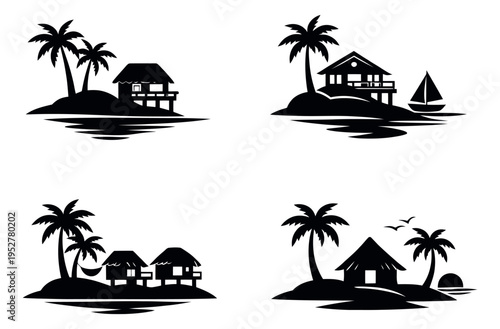 Monochromatic silhouette tropical island scene set featuring palm trees, resort bungalows, and beachfront huts for summer vacation and travel promotions