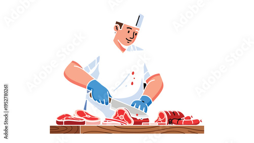 Butcher at Work: A skilled butcher, clad in a crisp white uniform, meticulously cuts a selection of fresh meat, showcasing expertise and dedication in the culinary art.