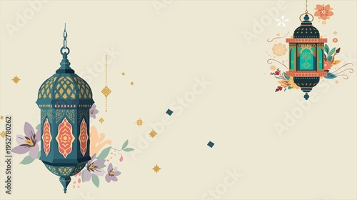 template element featuring a vibrant islamic lantern with intricate geometric patterns and flat design elements, set against a clean and minimalist background