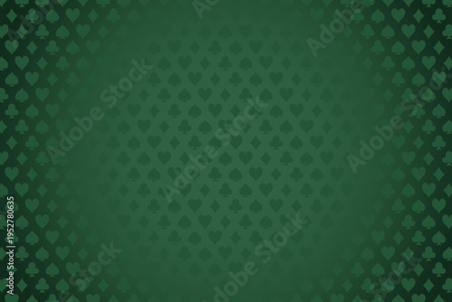 Green background with card suits. Images of spades, hearts, diamonds, and clubs. Gambling background.
