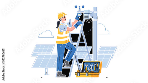 Renewable Energy Specialist: A skilled individual meticulously inspects and maintains solar panels, climbing a ladder with focus, highlighting dedication to sustainable energy.