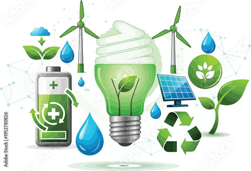 Various green energy and sustainability icons representing renewable power generation and environmental conservation efforts