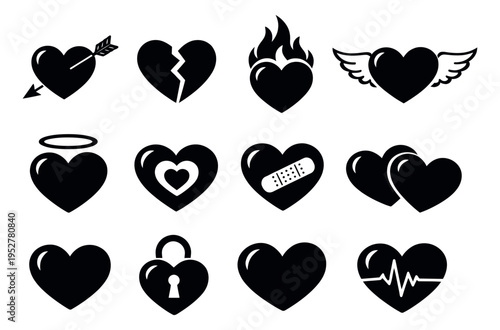 Modern glyph heart icon set featuring various love, emotion, and health symbols for valentine's day designs